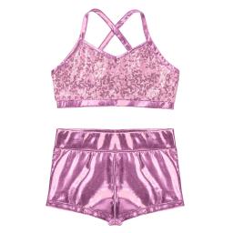 Shorts e Tops de Tank Sequins femininas, Roupa de Ballet, Collant Ginástica, Roupa de Treino, Esportes de Academia, Fitness, Crianças - Image 3