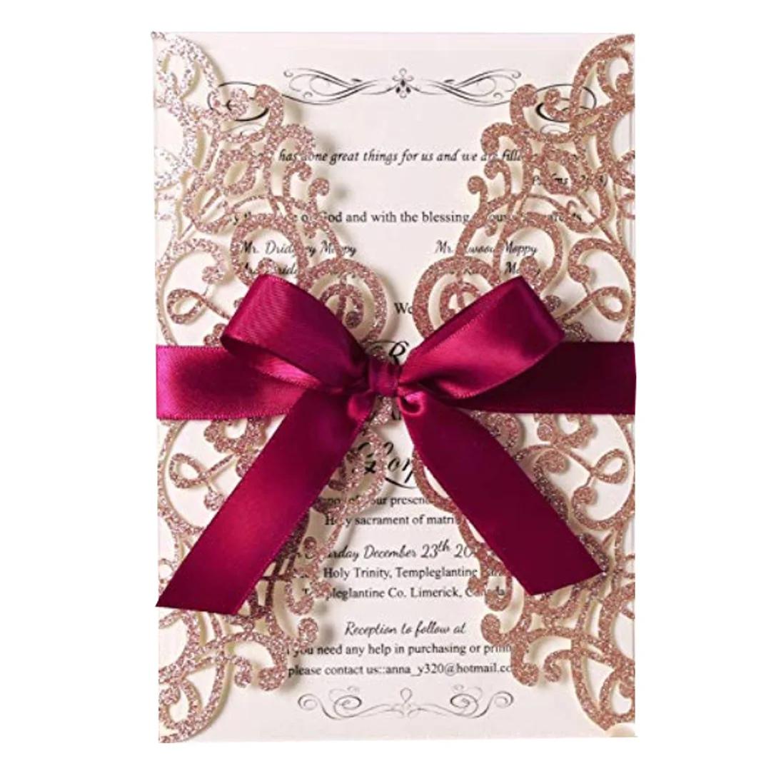 Corte a laser Cartões do convite do casamento, ouro, prata, preto, verde, azul, rosa, brilho, laço, oco, cartões, 50, 100pcs - Image 1