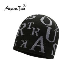 Gorros bordados com letra grossa para mulheres e homens, boné de malha, gorro feminino, forrado a lã, capota quente, casual, outono, inverno - Image 1