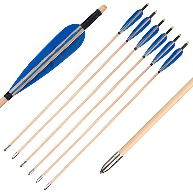 Flechas de madeira para arco recurvo, penas reais, flecha artesanal, caça tradicional do arco longo, 80cm, 8mm, 6 pcs, 12pcs - Image 1