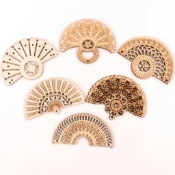 Artesanato de madeira feito à mão decoração de casa, livros de recortes, joias, faça você mesmo, mix de brincos, estilo chinês, leque retrô, ornamentos de madeira, 65mm, 6 peças - Image 1