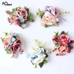 Meldel corsage, pulseira bufante para noivas e damas de honra, bracelete de bebê azul borgonha com flor rosa - Image 3