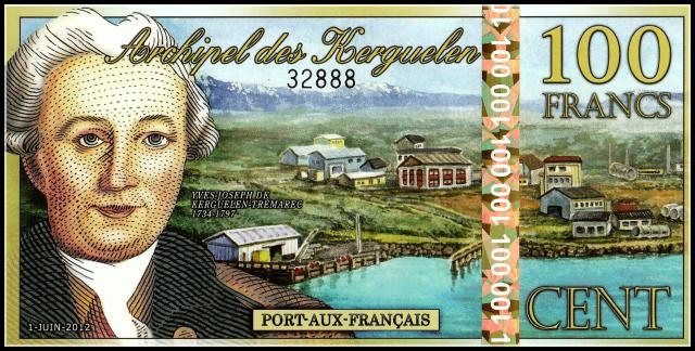 Ilha Kerguelen 100 Francos Polímero Original de 2012 - Cédula Genuína para Colecionadores de Moedas da Ásia