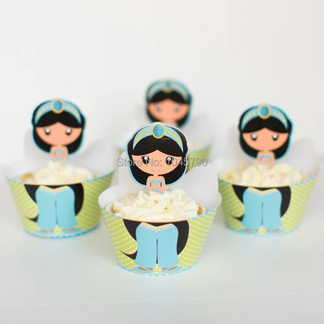 Conjunto de 24 Peças: 12 Embalagens e 12 Topper de Cupcake para Decoração de Aniversário com Cartão de Inserção e Tema de Jasmim