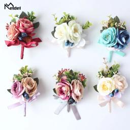 Meldel corsage, pulseira bufante para noivas e damas de honra, bracelete de bebê azul borgonha com flor rosa - Image 1