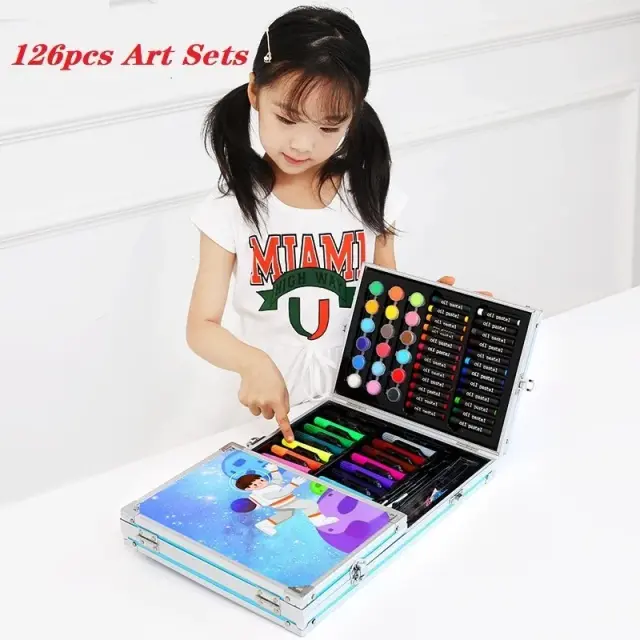 Conjunto de Arte Completo para Crianças com 126 Itens: Caixa de Metal com Ferramentas de Desenho e Marcadores para Papelaria e Presentes