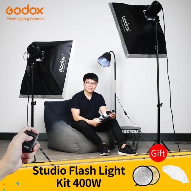Kit Completo Godox para Iluminação Fotográfica Profissional com Strobe Flash, Suportes, Gatilhos e Softbox 200Ws e 400Ws - 2 Peças