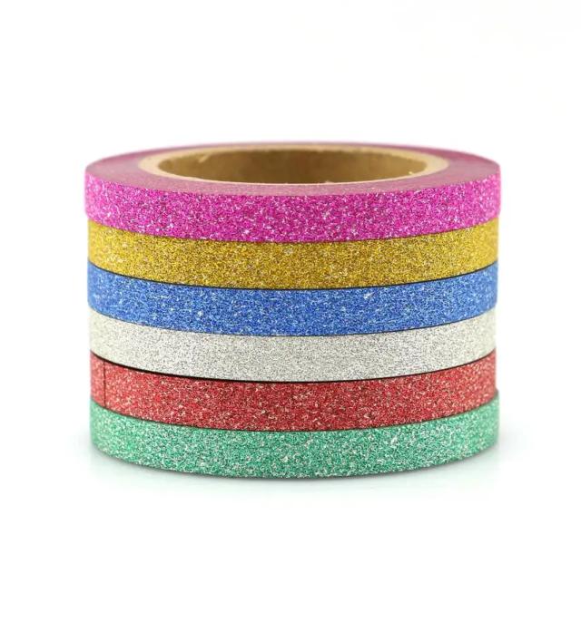 Fita Washi Decorativa de Glitter: Conjunto com 6 Adesivos Versáteis para Scrapbooking, Escola e Escritório