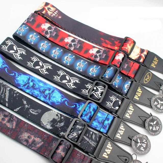Correia de guitarra elétrica acústica de caveira com estampa rock queimadura ajustável multi-padrão pu com extremidades de couro - Image 1