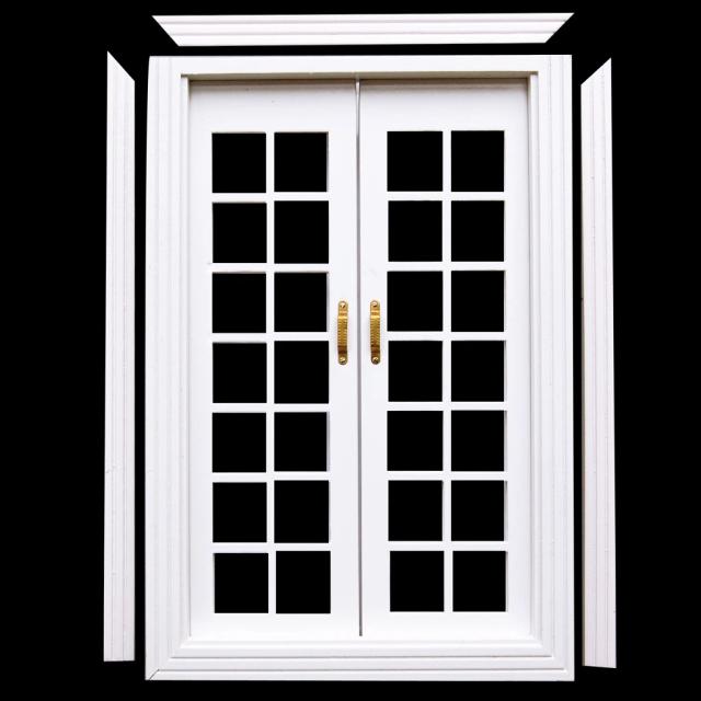 Mini Porta Francesa de Madeira Branca para Casa de Bonecas 1:12