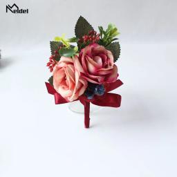 Meldel corsage, pulseira bufante para noivas e damas de honra, bracelete de bebê azul borgonha com flor rosa - Image 4