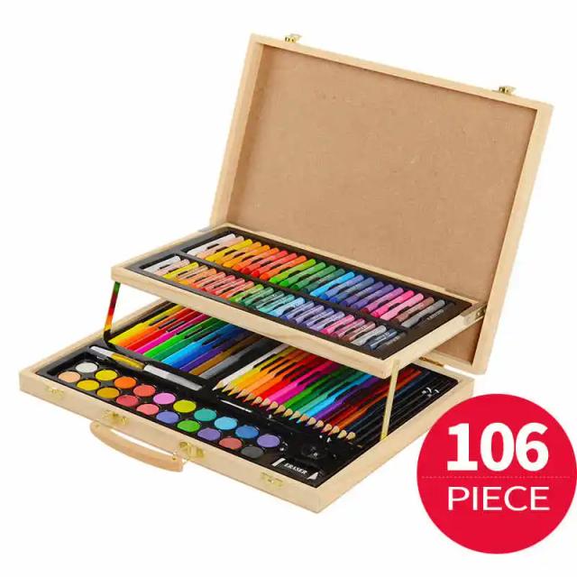 Conjunto de Pintura Artística Infantil com 106 Peças e Estojo de Madeira - Canetas Coloridas e Ferramentas para Desenho e Arte