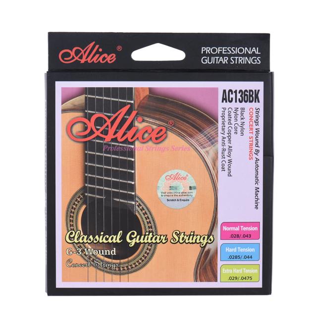 Cordas de Guitarra Alice AC136BK-H de Nylon - Conjunto com 6 Peças (.0285-.044) + Corda G-3ª Grátis