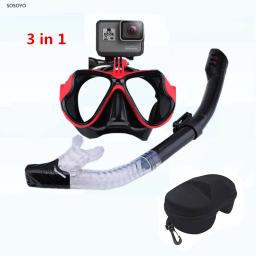 Máscara de mergulho com snorkel 3 em 1, snorkel, tubo subaquático, à prova d'água, óculos de natação, com capa de óculos para câmera gopro xiaomi - Image 1