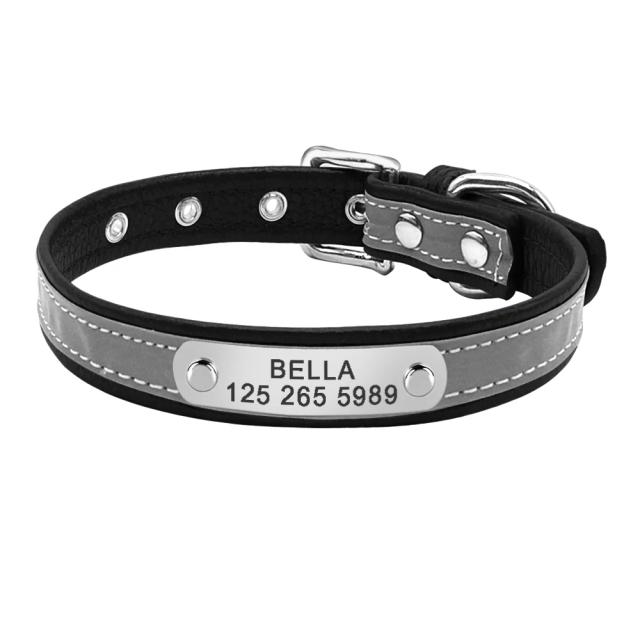 Coleira Reflexiva de Couro Personalizada com Placa de Identificação para Cachorros Pequenos e Gatos
