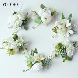 Yo cho flores de pulso brancas para noiva, buquê de flores artesanais de seda, buquê de braceletes, pino para decoração de dama de honra e flores - Image 3