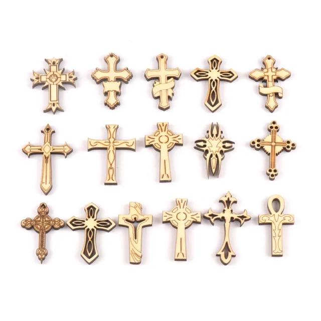 Conjunto de 10 Cruz Ornamentos de Madeira para Decoração DIY - Padrão Misto para Scrapbooking e Embelezamento de Artesanato