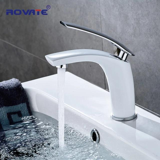 Torneira de Pia ROVATE com Misturador Frio e Quente, Design Único de Furo, Ideal para Banheiro, Cor Branca