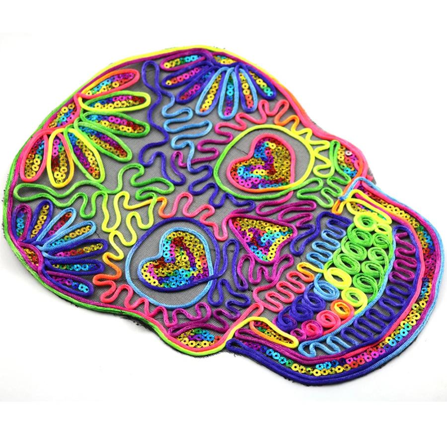 Remendos bordados com caveira para aplique, remendos para roupas, cores de crachá, lantejoulas, acessórios para diy, etiqueta, patchwork, com corda, 1 peça - Image 1