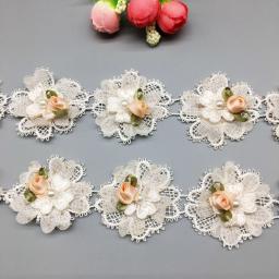 10x aplique floral bordado de flores com pérola pérola pérola flor bordado laço guarnição apliques de vestido tecido costura artesanato vintage luz rosa - Image 4