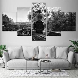 Pintura em tela arte de parede, 5 peças, monocromática, trem de vapor, papéis de parede modular, pôster, estrutura de impressão, decoração de casa - Image 2