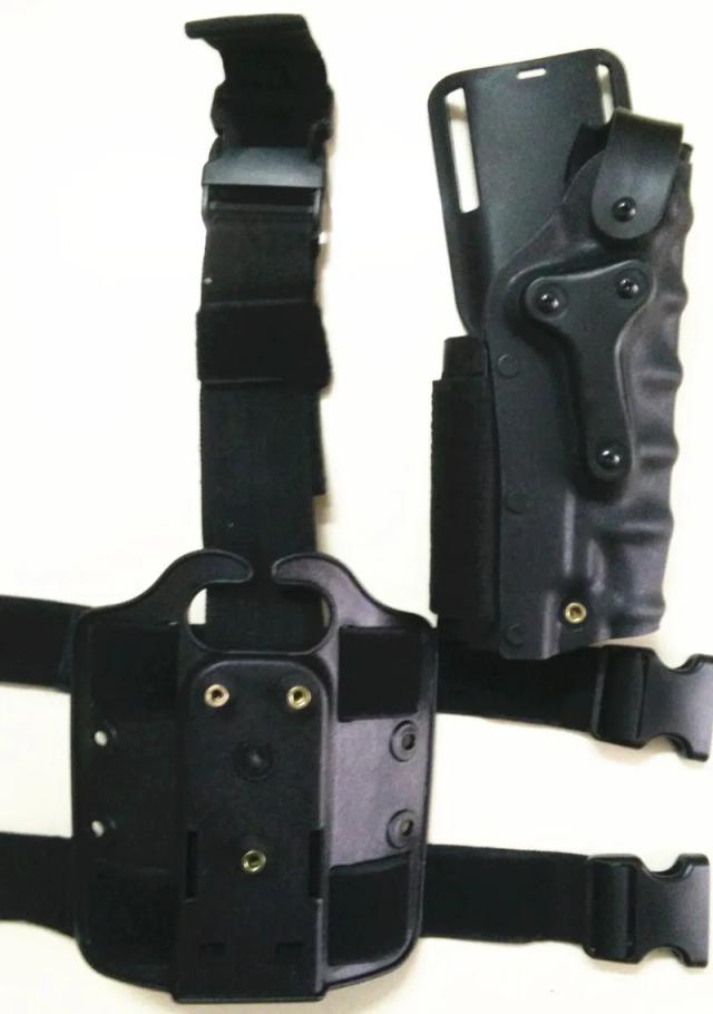 Conjunto de coldre tático com plataforma de perna para caça, compatível com GL 17, 19, 1911, M92 e M9, ideal para destros e canhotos.