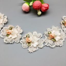 10x aplique floral bordado de flores com pérola pérola pérola flor bordado laço guarnição apliques de vestido tecido costura artesanato vintage luz rosa - Image 3