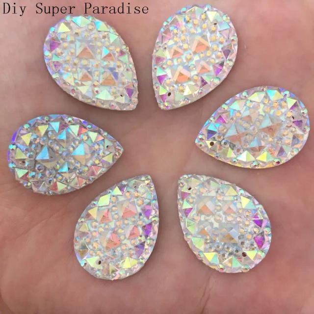 Conjunto de 30 Botões de Resina Ab Gota Flatback com Strass de 18mm x 25mm para Casamento - 2 Furos, DIY K70 x 3
