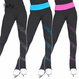 Calças compridas de patinação no gelo para adultos e crianças, calças de patinação artística personalizadas velo quente strass brilhante desempenho de competição - Image 1