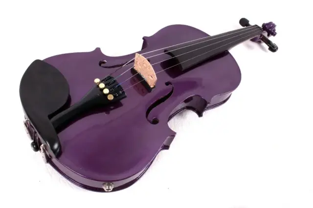 Viola elétrica/acústica roxa com arco, parte traseira em bordo e tampo em abeto