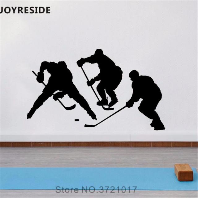 Adesivo de Parede de Hóquei para Decoração de Playroom - Design Esportivo com Jogadores em Vinil