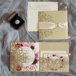 Cartões e convites de casamento com corte a laser, conjunto de 10 peças, três dobras, com detalhes diferentes - Image 1