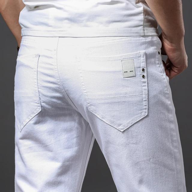 Homens jeans brancos moda casual estilo clássico fino ajuste calças macias marca masculina calças elásticas avançadas