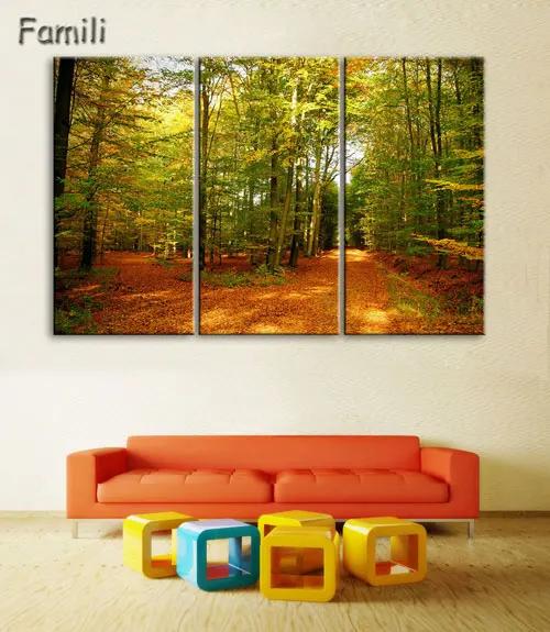 Conjunto de 3 Quadros de Paisagem com Árvore de Bordo em Outono Moderno e Detalhes em Folhas de Ouro para Decoração de Hotel