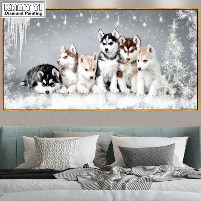 Kit de Pintura com Pedras de Diamante para DIY: Bordado de Husky e Filhote de Cachorro com Pedras Redondas e Quadradas