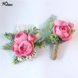 Meldel rosa bud bracelete de pulso, corsage, mão, flor, homem, bufante de seda artificial, chá, damas de honra, broche de baile de casamento - Image 4