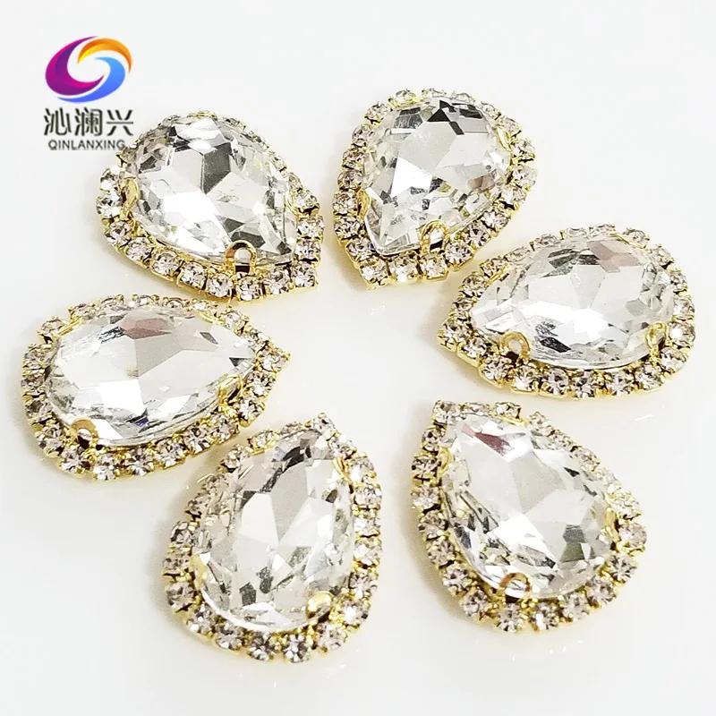 Fundo dourado Top Grade Vidro Fivela De Cristal, Gota Forma, branco Sew em Strass, DIY Decoração Do Casamento, 10Pcs por Pacote, fábrica vendas - Image 1