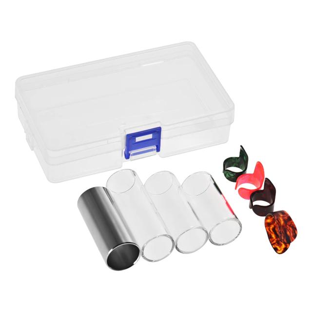 Kit Completo de Acessórios para Guitarra: 3 Slides de Vidro, Escorregador de Aço Inoxidável e Palitos para Dedo com Caixa de Armazenamento