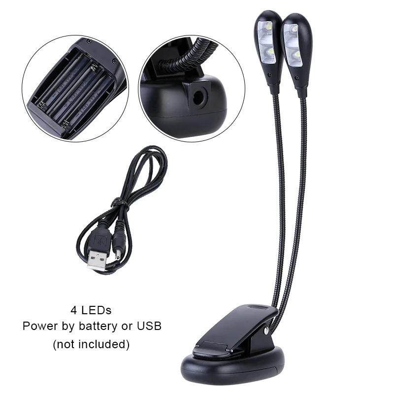 Dupla Flexível Duplo Flex Piano Suporte de Música, Livro Luzes, Lâmpada de leitura, Clip-on Table Desk Lamp, USB, AAA operado, Gooseneck, 4 LEDs - Image 1