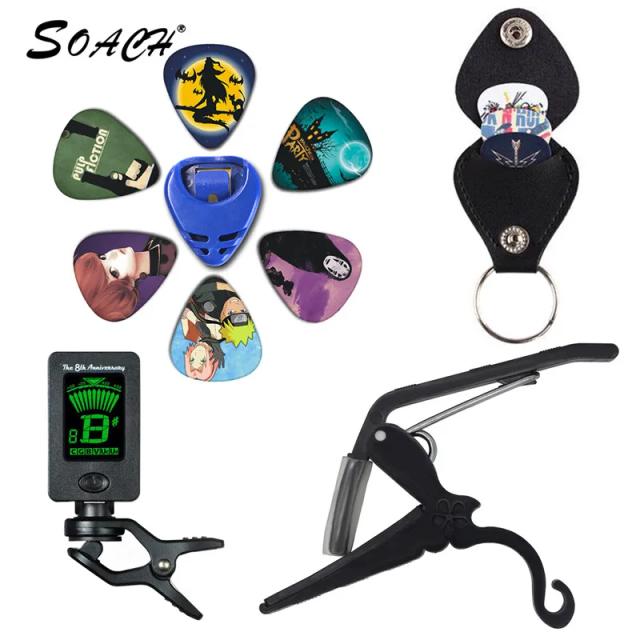 Kit Soach de Ferramentas Premium para Guitarra: Afinador, Capo, Plectros, Suporte, Chaveiro e 6 Cores de Palhetas