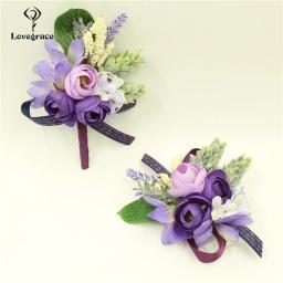 Lovegrace casamento corsages de pulso elástico e boutonniere seda rosa flor lapela homme mariage decoração buquê para prom adereços - Image 2