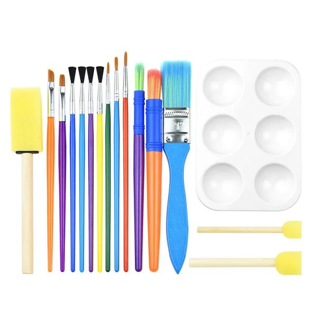 Conjunto Criativo de 16 Pincéis de Aquarela para Crianças com Esponjas e Guache para Arte e Desenho