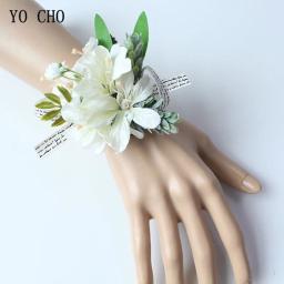 Yo cho flores de pulso brancas para noiva, buquê de flores artesanais de seda, buquê de braceletes, pino para decoração de dama de honra e flores - Image 4