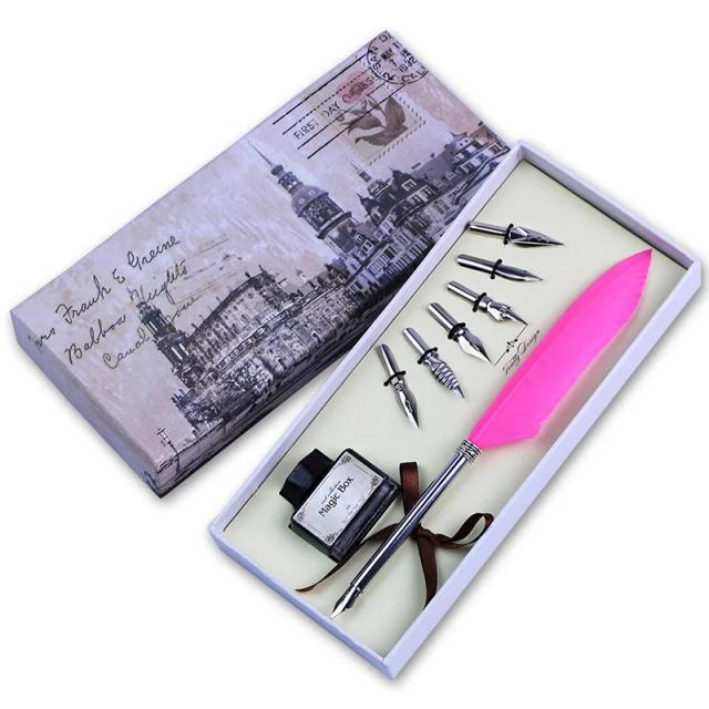 Conjunto de Caneta-tinteiro Vintage Colorido com 6 Nibs e Tinta, Ideal para Caligrafia e Papelaria Elegante