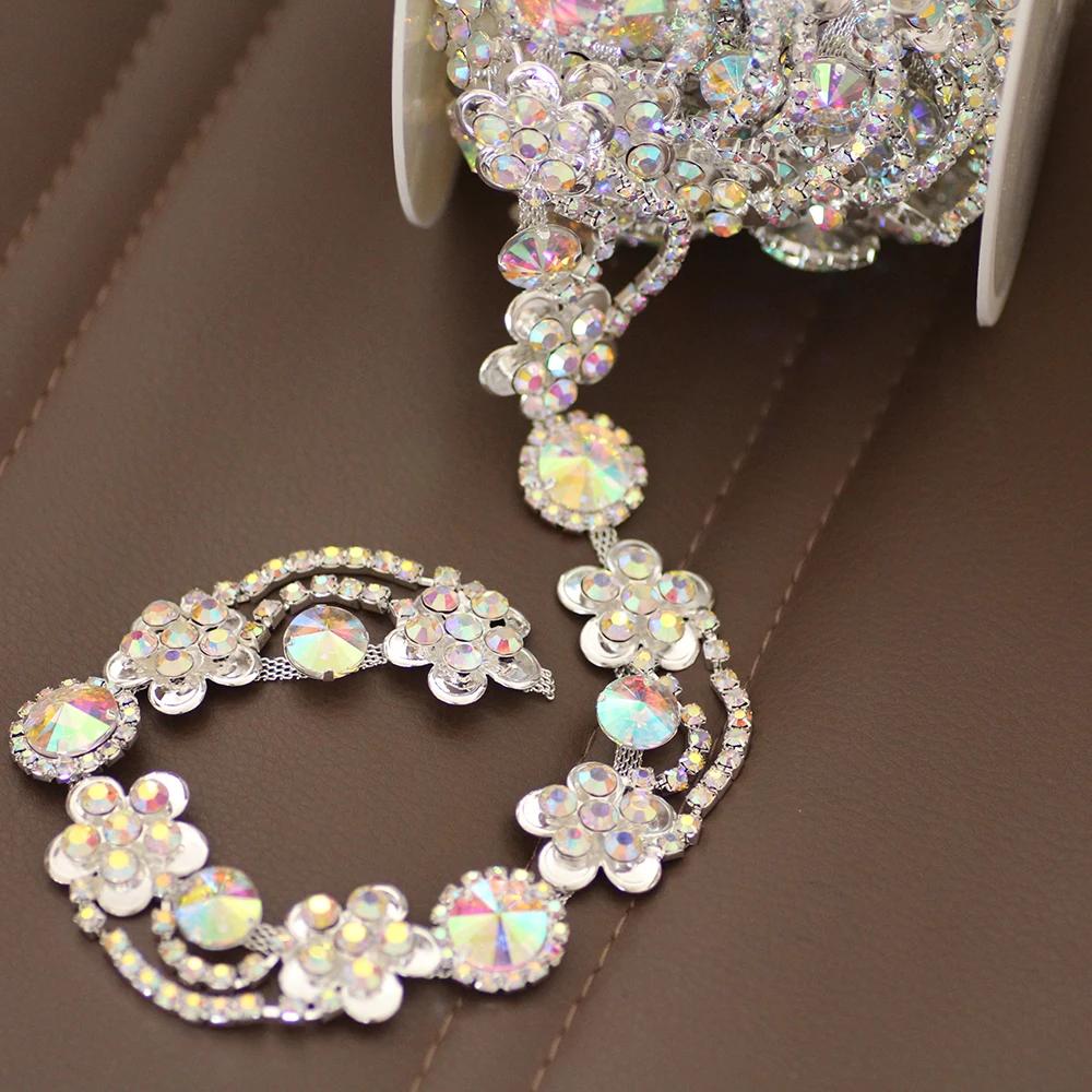 Alta qualidade cristal ab borla vidro largo strass copo corrente de enfeite base prata aplique em strass para vestido de dança - Image 1