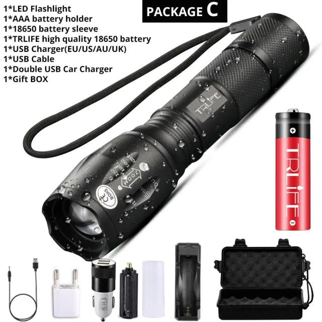 Lanterna LED à prova d'água com zoom potente e bateria ideal para acampamentos