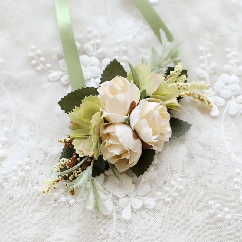 Corsage de pulso masculino para casamento, pulseira de dama de honra, seda flor, rosa vermelha, alfinetes do noivo, boutonniere - Image 1