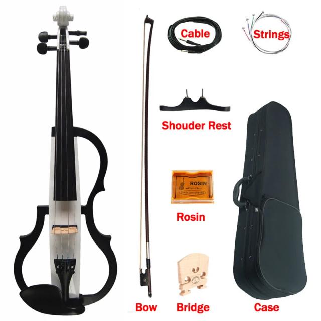 Violino de Madeira Maciça Branco e Preto com Arte Elétrica Avançada e Acessórios de Ébano Tamanho 4/4