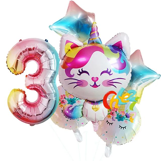 Balões Metalizados de Unicórnio e Gato com Cor Gradiente, 6 Peças para Decoração de Festa, Aniversário e Casamento, 32 Polegadas