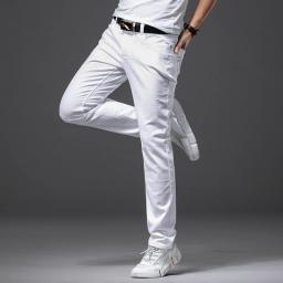 Homens jeans brancos moda casual estilo clássico fino ajuste calças macias marca masculina calças elásticas avançadas - Image 4